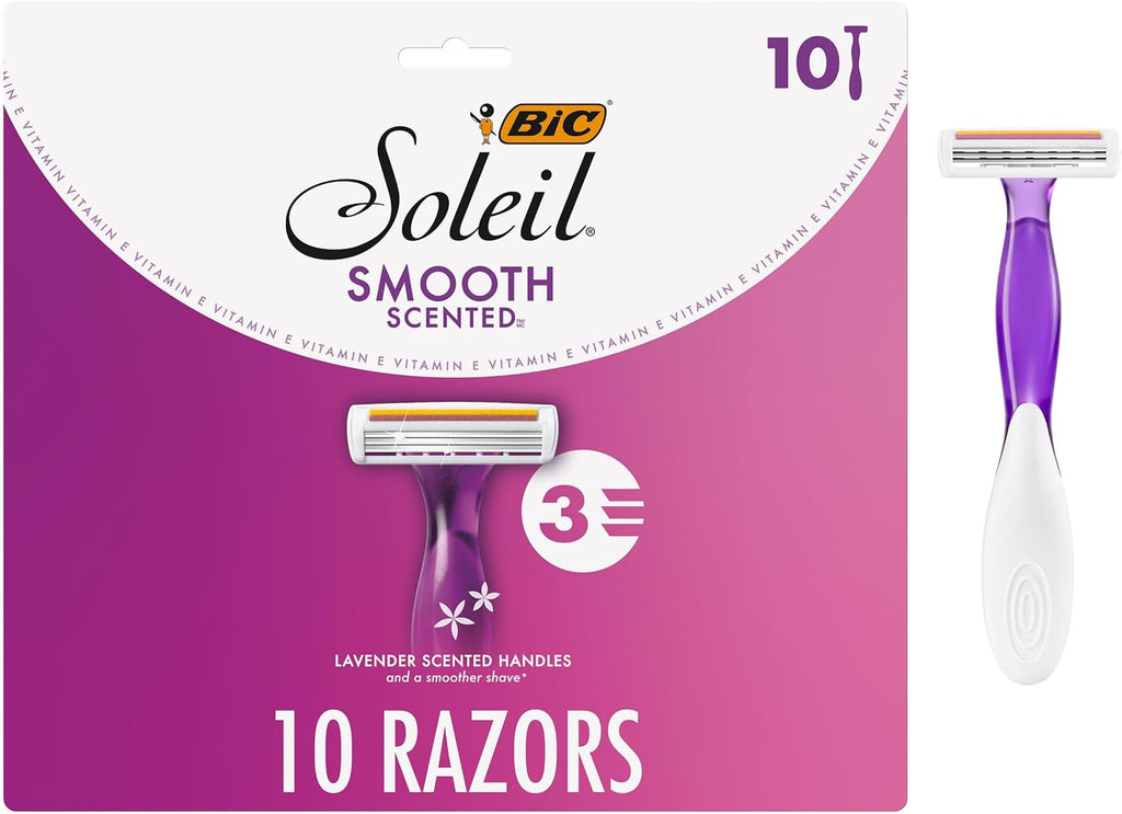 BIC Soleil 3 Scented Women's Disposable 3-Blade Razors, Calming Lavender Scent and Vitamin E Moisture Strip, 10-Pack