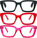 DXYXYO Reading Glasses for Women 2.5+ Blue Light Blocking, Oprah Style Square Oversized Computer Readers 3 Pack Retro Fashion, Pink+red+black