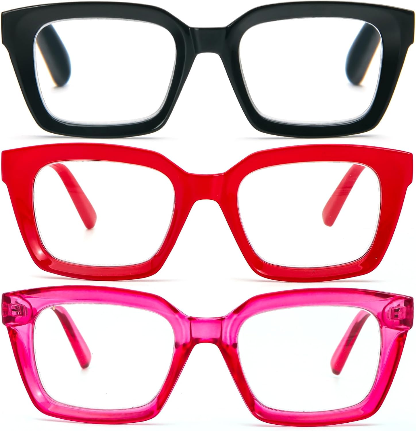 DXYXYO Reading Glasses for Women 2.5+ Blue Light Blocking, Oprah Style Square Oversized Computer Readers 3 Pack Retro Fashion, Pink+red+black