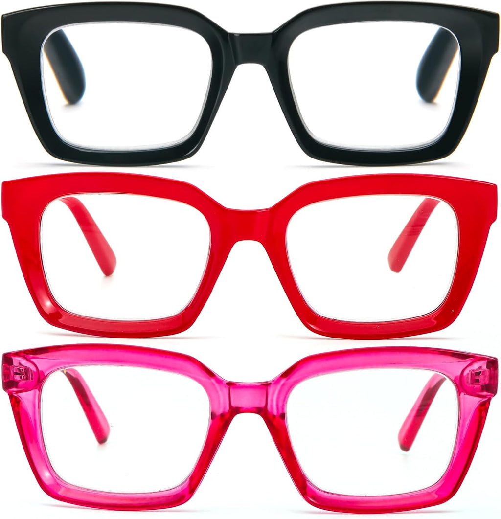DXYXYO Reading Glasses Women 1.5 Blue Light Blocking, Oprah Style Square Oversized Computer Readers 3 Pack Retro Fashion, Pink+red+black