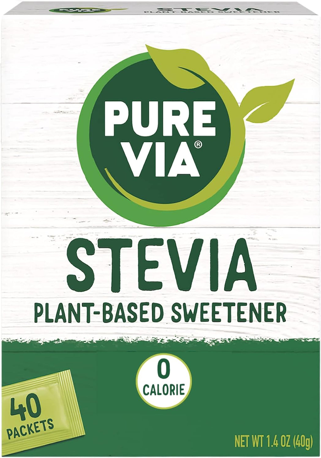 PURE VIA Stevia Sweetener Packets, Sugar Substitute, Natural Sweetener, No Erythritol, Zero Calorie Natural Sweetener Packets, 40 Count (Pack of 12)