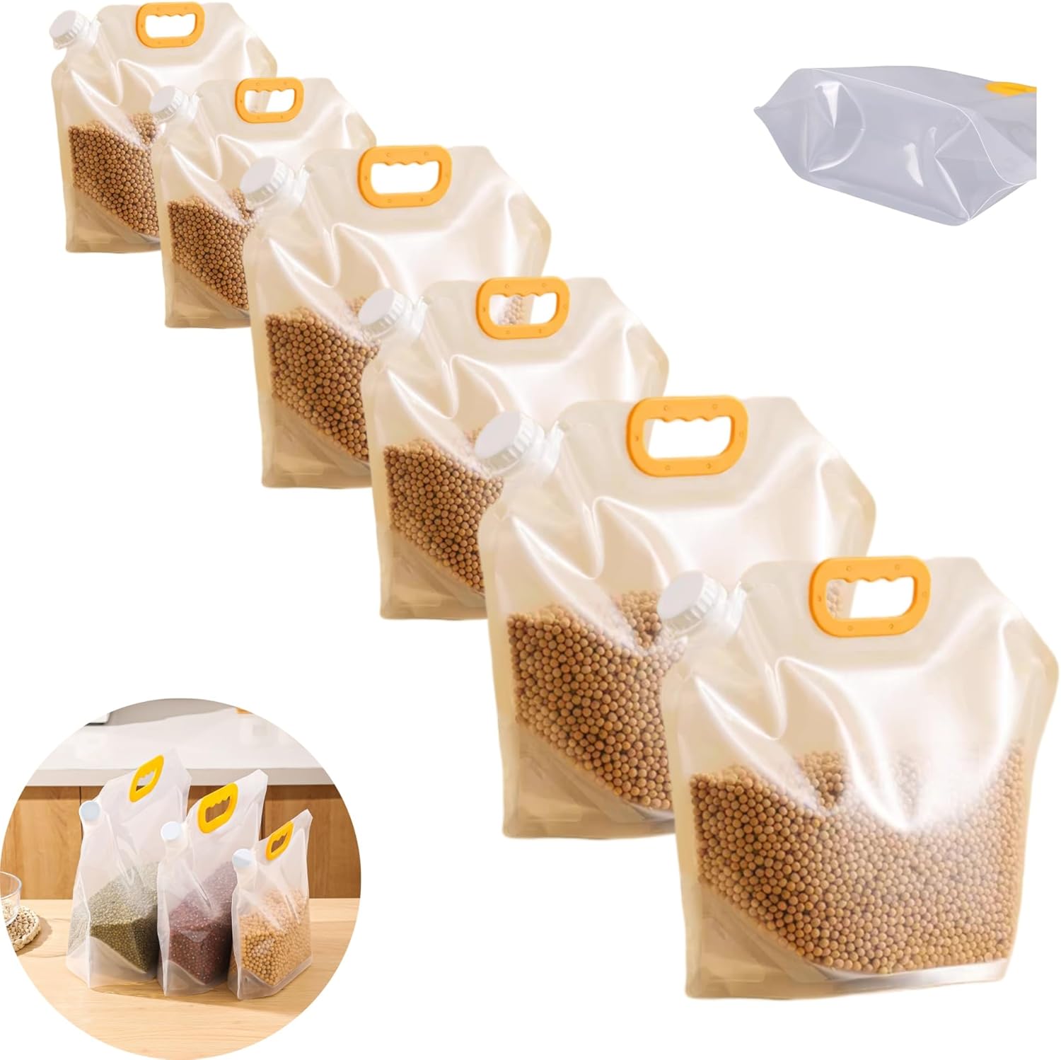 6pcsFood Storage Bags, Grain Moisture-proof Sealed Bag,Stand Up Food Bags Large Reusable Sealed Bag with Handle and Cap BPA Free (2X1.5L+2X2.5L+2X5L)