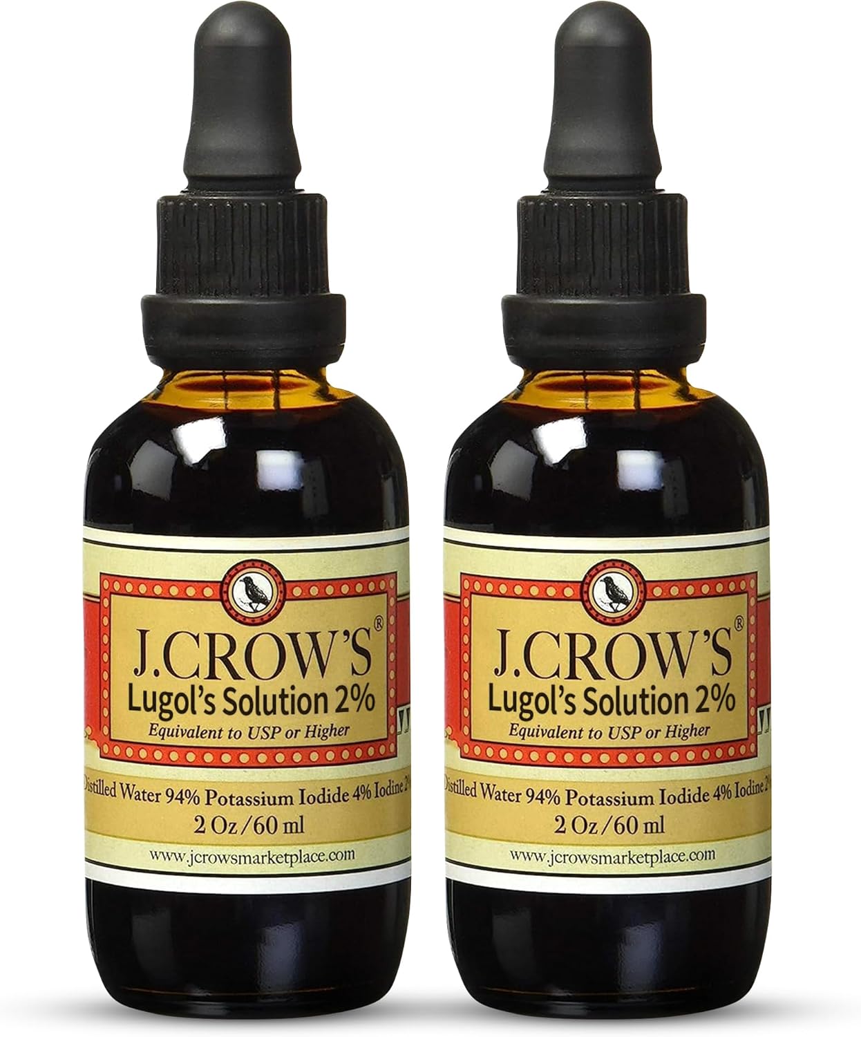 J.CROW'S® Lugol's Solution of Iodine 2% 2 oz (2 Bottle) – Premium Iodine & Potassium Iodide Liquid, Gluten & Alcohol-Free Natural Brine Extract, No Expiration - 1200 Drops