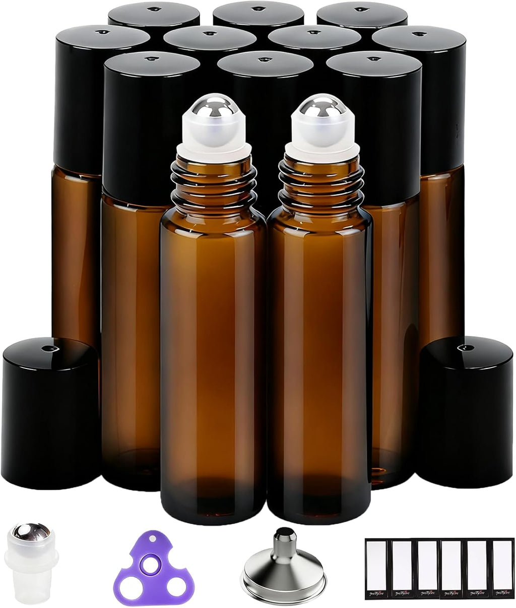 PrettyCare 12-Pack Amber Glass Roller Bottles for Essential Oil with Stainless Steel Roller Ball - 10 ml Refillable Leak-proof Empty Roll on Bottles with Caps for Perfume, DIY, Beauty & Personal Care
