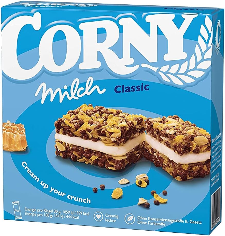 SCHWARTAUER WERKE GmbH & KGaA Corny Milch Classic Milk Sandwich Cereal Bar | Milk Cream Combined With Valuable Cereals | Refined With Bee Honey | 4 x 30 g Bars | 1 x 120 g Package | Corny | Germany
