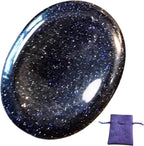 Blue Goldstone Oval Thumb Worry Stone - Healing Crystals for Anxiety & Worry Relief, Calming, Meditation, Reiki with Gemstone Info Card & Premium Bag - Reiki Enhanced