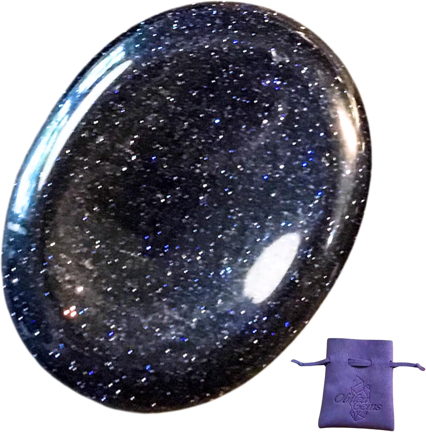 Blue Goldstone Oval Thumb Worry Stone - Healing Crystals for Anxiety & Worry Relief, Calming, Meditation, Reiki with Gemstone Info Card & Premium Bag - Reiki Enhanced