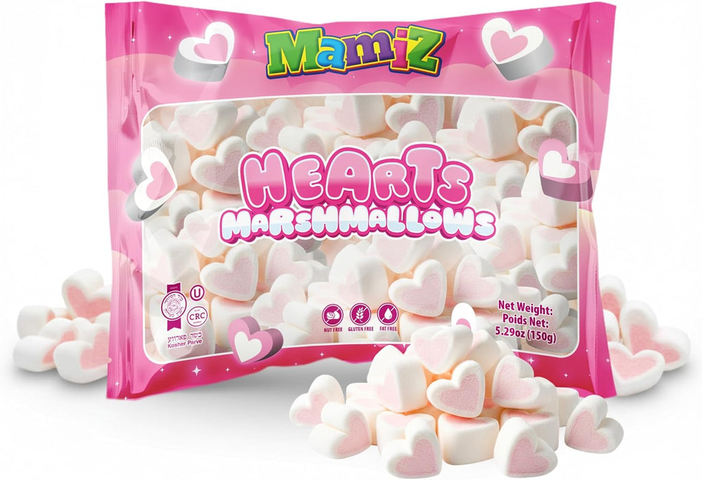 Mamiz Heart Shaped Marshmallows, – Valentine’s Day Candy for Kids, Soft & Fluffy, Parties & Gifts – Kosher, Nut Free, Gluten Free, Fat Free, 150g