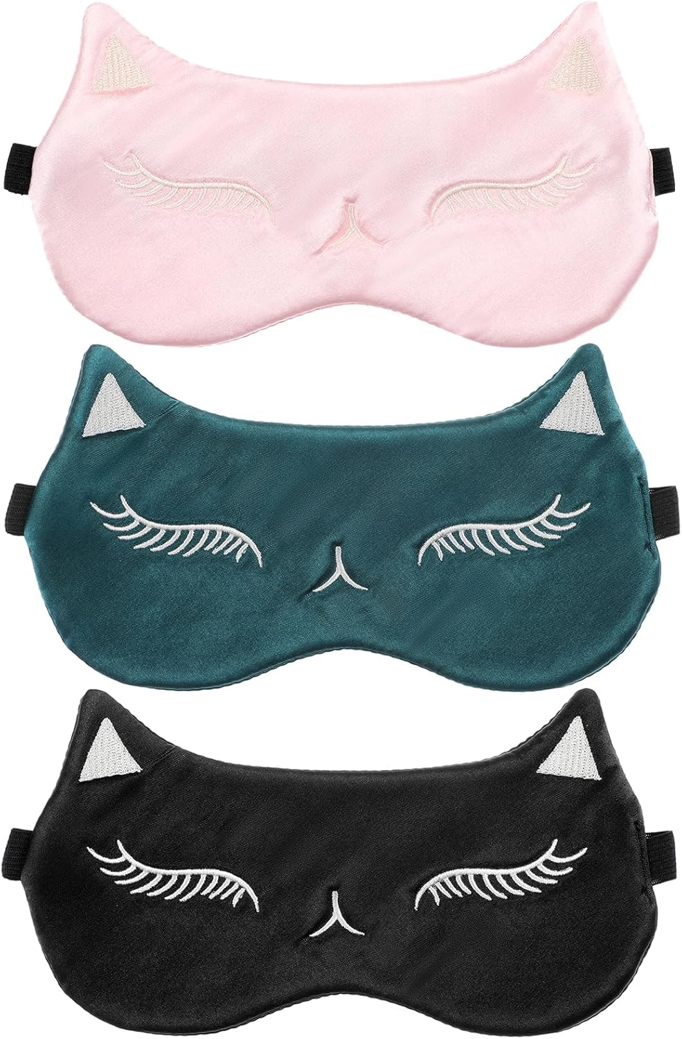 Cute Cat Silk Satin Eye Mask - 3Pcs Women's Blackout Blindfold with Elastic Strap - Travel Eye Mask (3 Colors)