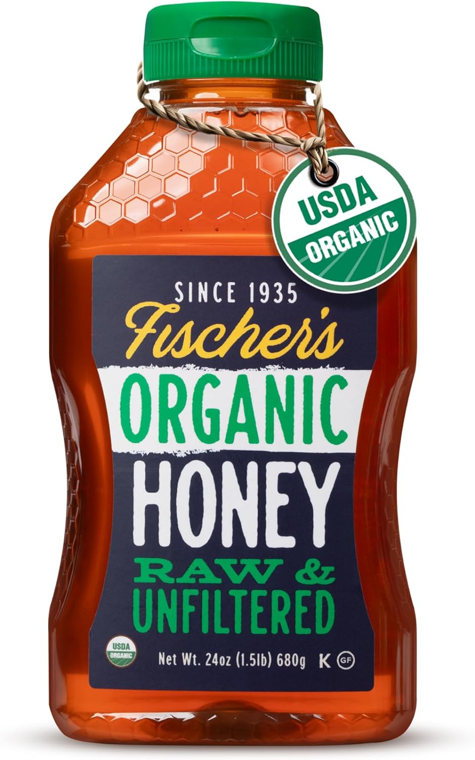Fischer's 100% Organic Honey, USDA Certified, 24 Oz – Pure, Raw & Unfiltered Honey – All-Natural Sweetener – Rich Flavor Profile, Packed with Nutrients