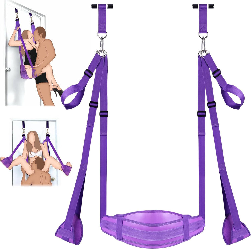 BDSM Door Sex Swing with Seat, Bondage Slave Leather Soft Plush Sex Slings with Adjustable Straps, Hanging Door Handcuffs Leg Restraints Spreader Adult Sex Toys for Couple, Holds up to 300lbs (Purple)