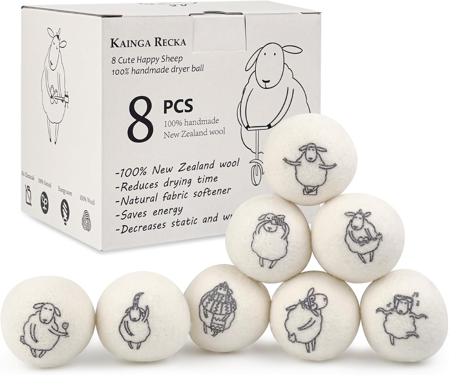 Wool Dryer Balls, 8PCS Dryer Balls with Happy Sheep - Natural & Organic, 100% New Zealand Wool Handmade, Chemical-Free Reusable Laundry Balls, Anti-Static Reduce Wrinkles and Save Time