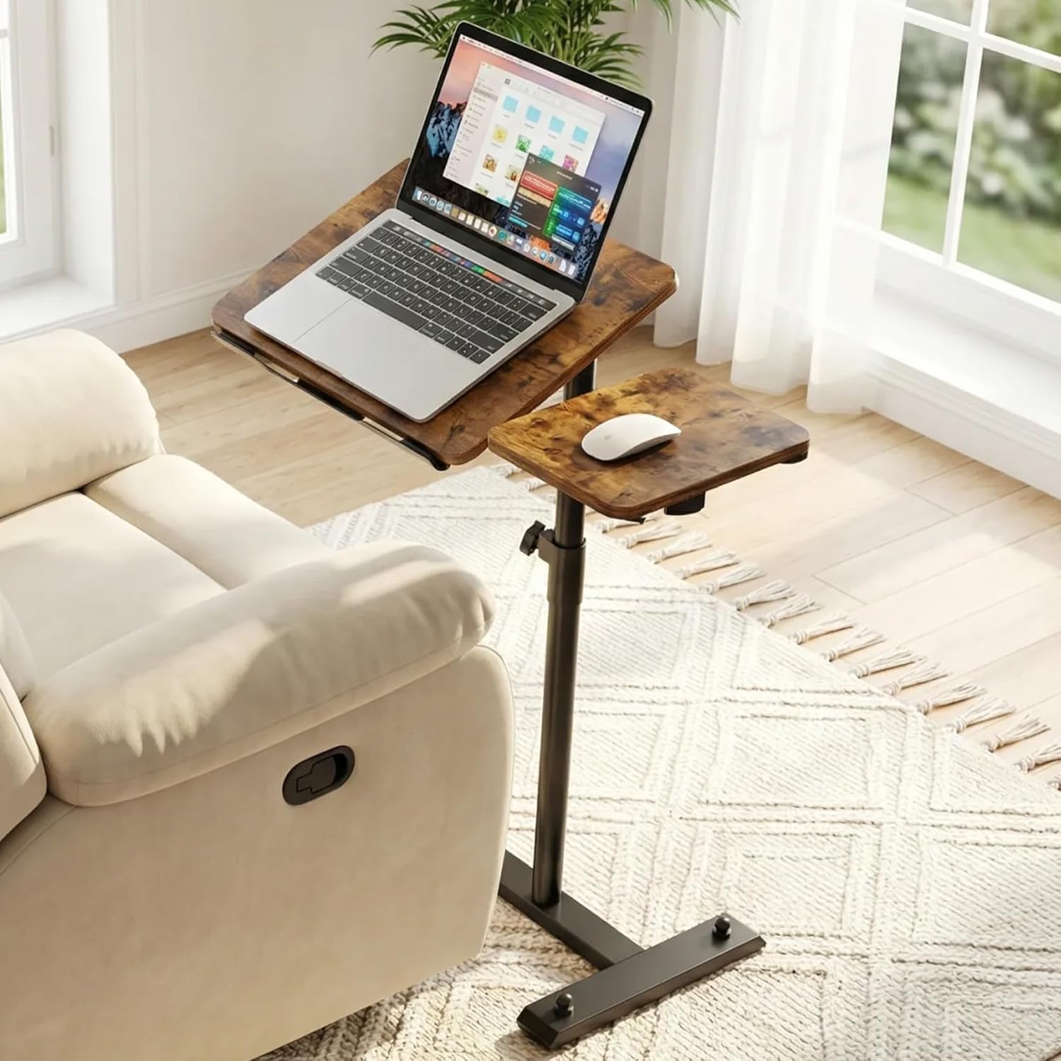 YUHFERA Rolling Table for Laptop Stand, Height and Angle Adjustable Over Bed Table with Wheels, Tilt-Top Laptop Desk for Couch with Cup Holder, Bed Table Tray for Eating (Rustic)