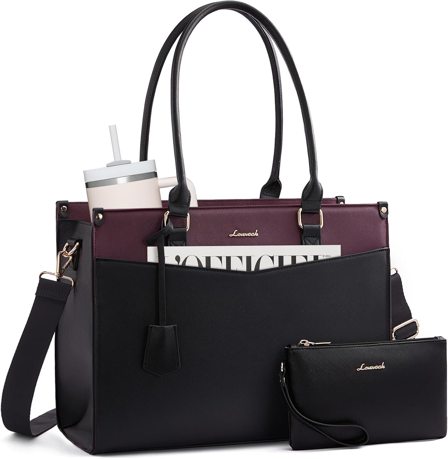 LOVEVOOK Laptop Bag for Women, 2-in-1 Tote Purse with Clutch & Cup Holder, Waterproof Briefcase for Work Travel