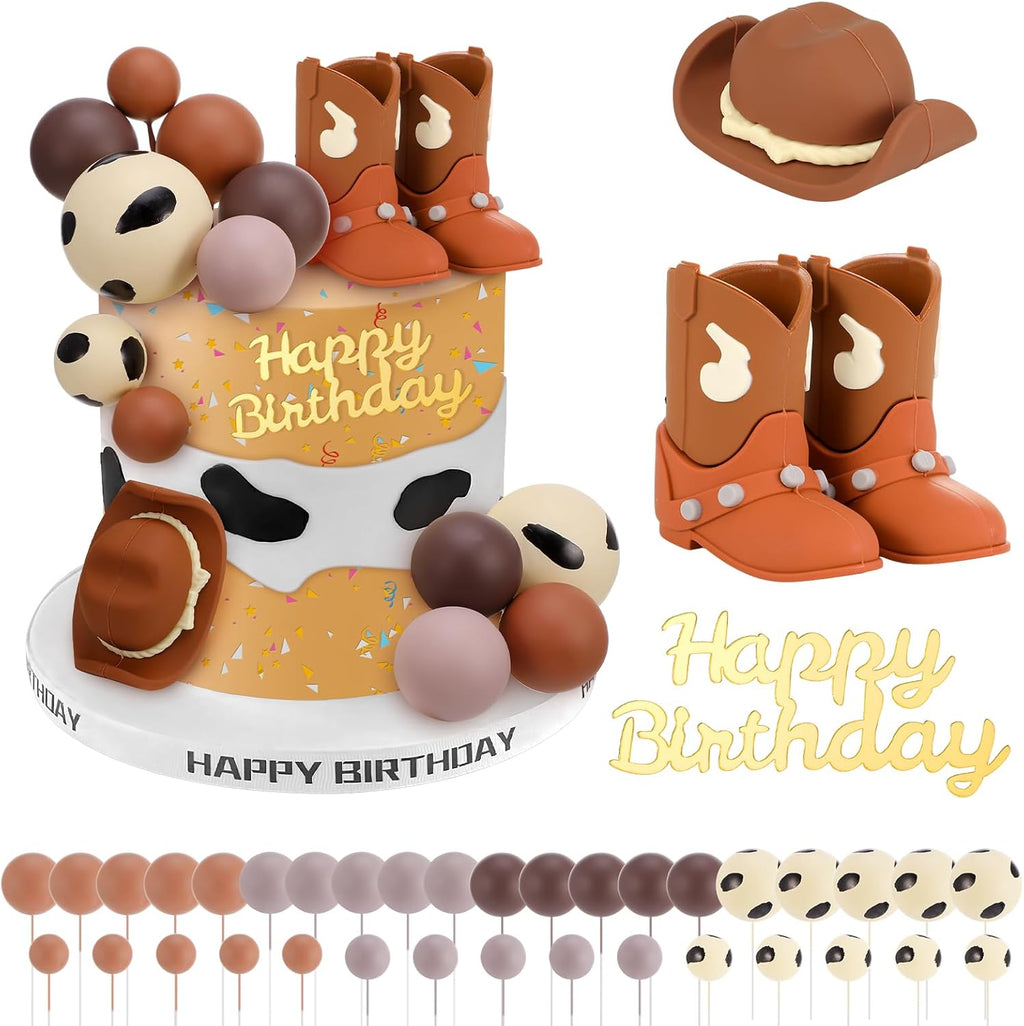Cowboy Cake Topper - 39 pcs Cowboy Cake Decorations Include Cowboy Hat and Boot Balls for Western Cowboy Birthday Baby Shower Party Decorations