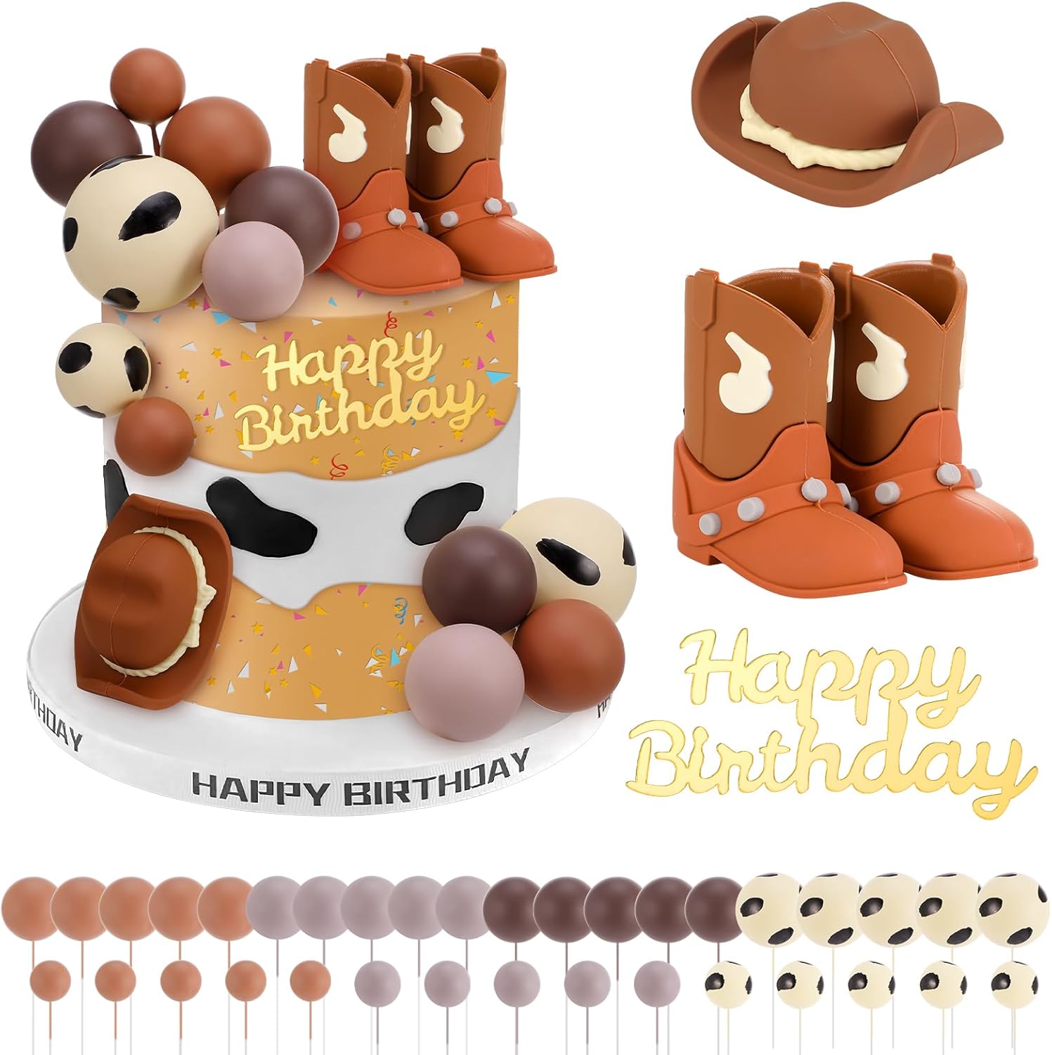 Cowboy Cake Topper - 39 pcs Cowboy Cake Decorations Include Cowboy Hat and Boot Balls for Western Cowboy Birthday Baby Shower Party Decorations