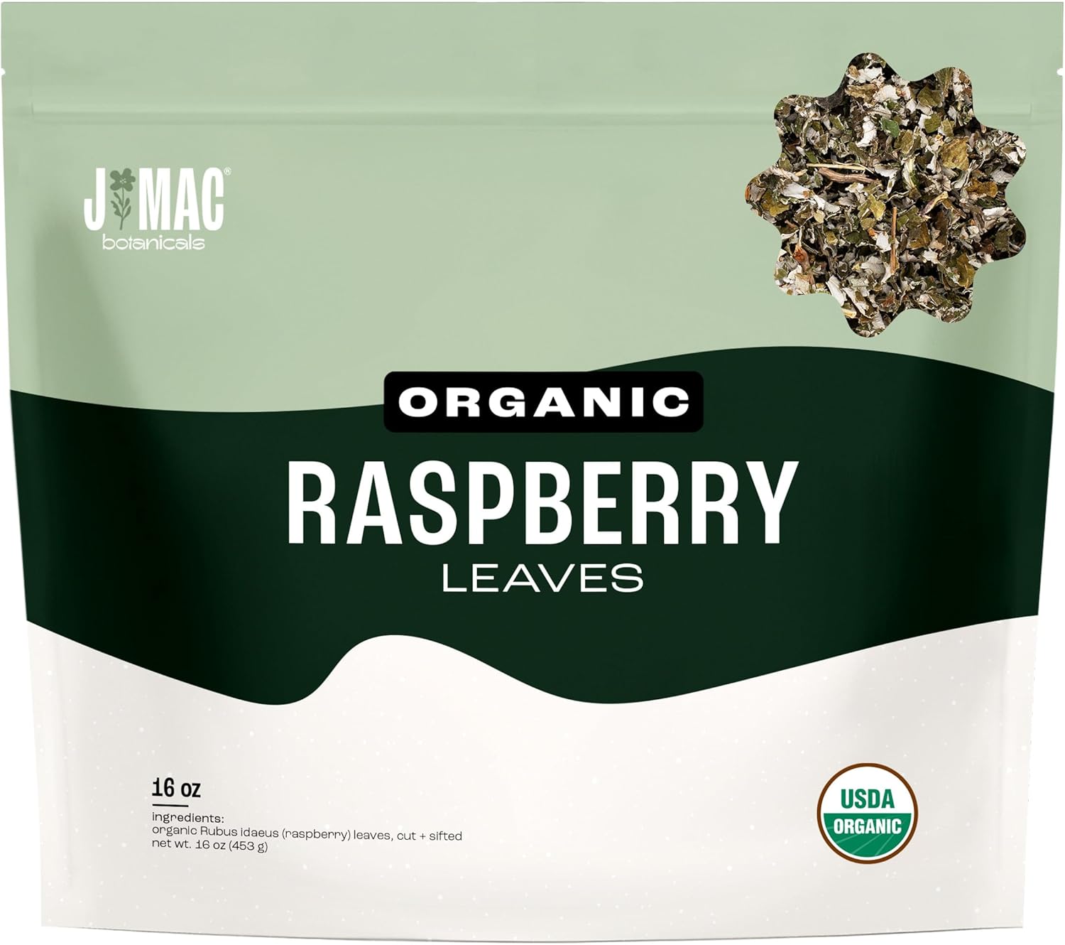 J Mac Botanicals, Organic Red Raspberry Leaf, Herbal tea (16 ounce bag 200+ cups) cut & sifted dried leaf