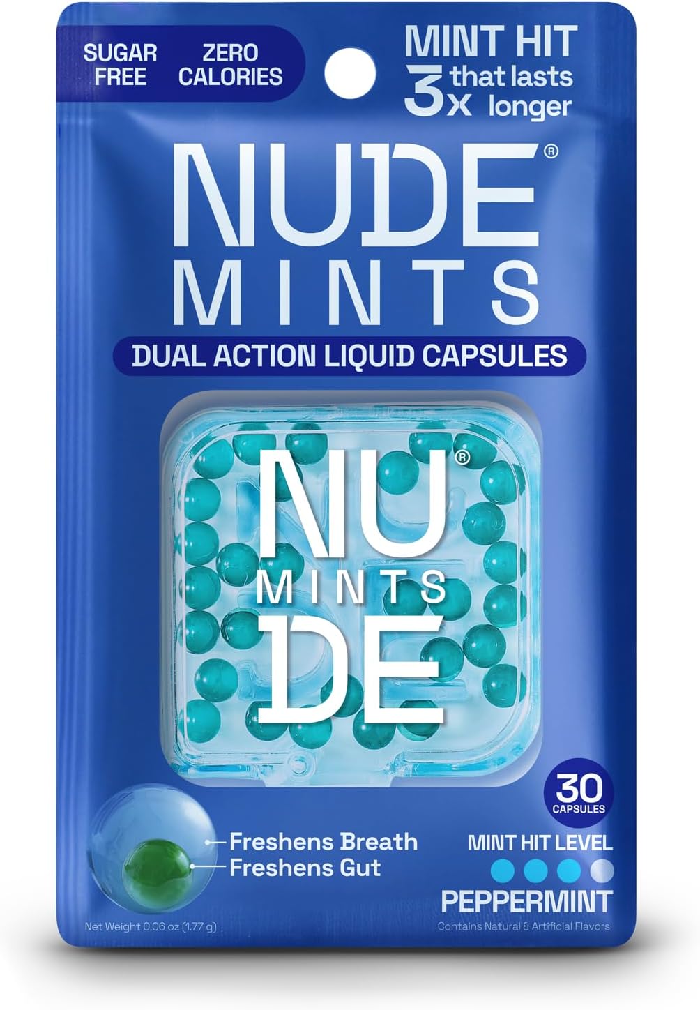 NUDE MINTS | Dual Action Liquid Capsules | Mouth Watering Mint - Lasts 3X Longer - 3X Stronger - Extreme Bad Breath Treatment For Adults - Sugar Free, 0 Calorie - Peppermint - 5 Pack - 150 Capsules