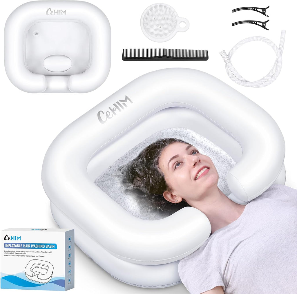 Inflatable Shampoo Basin - Portable Shampoo Bowl, Hair Washing Basin for Bedridden, Disabled,Injured, Hair Wash Tub for Dreadlocks and at Home Sink Washing (White)