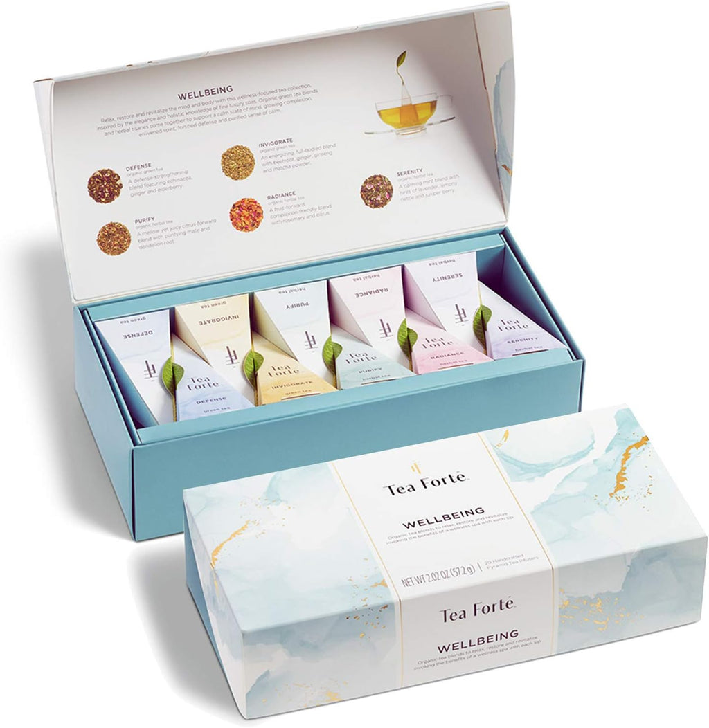 Tea Forte Premium Petite Presentation Box Gift Set Sampler, 10 Count, 2 of Each Blend Individually Wrapped Handcrafted Pyramid Infuser Bags, Gifts for Mom, Wellbeing Tea