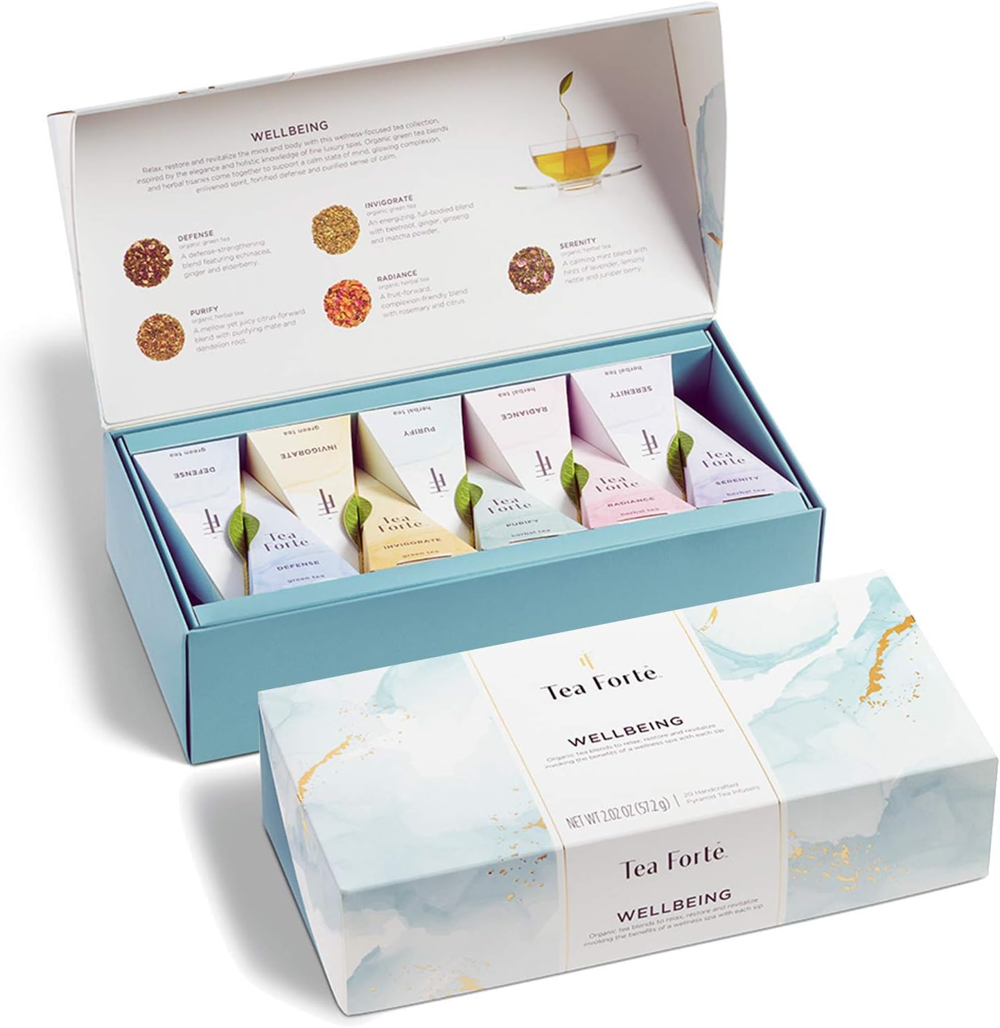 Tea Forte Premium Petite Presentation Box Gift Set Sampler, 10 Count, 2 of Each Blend Individually Wrapped Handcrafted Pyramid Infuser Bags, Gifts for Mom, Wellbeing Tea