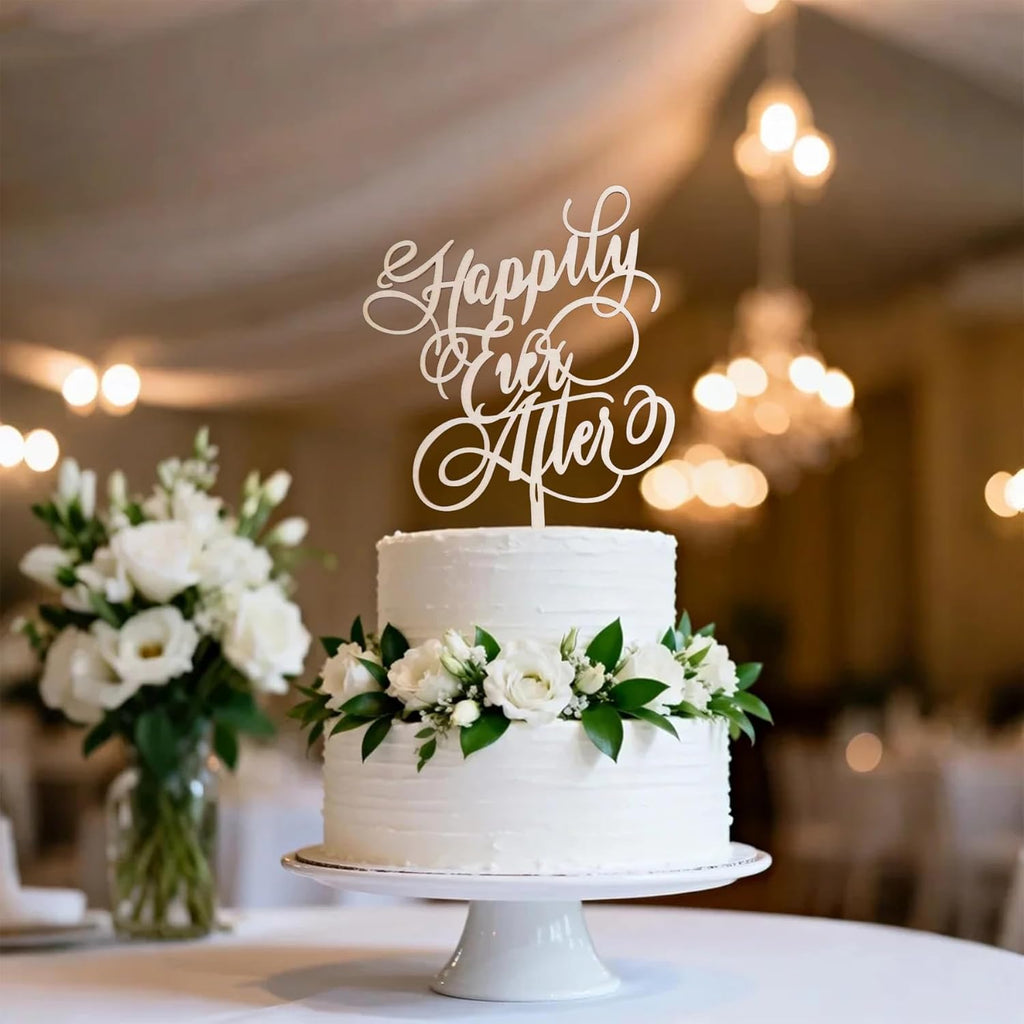 Wood Wedding Cake Topper - "Happily Ever After" Bride and Groom Cake Decor for Wedding, Engagement Party, Bridal Shower Decoration Supplies