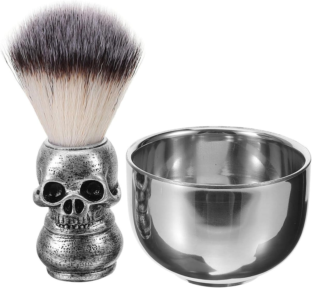 Shaving Bowl and Brush Kit, Skull Design Shaving Bowl Wide Mouth Shaving Kit Stainless Steel Beard Brush Shaving Tools For Men Women