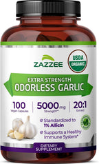 Zazzee USDA Organic Odorless Garlic 20:1 Extract, 1% Allicin, 100 Vegan Capsules, 3+ Month Supply, Allium Sativum, Immune, Circulation & Heart Health Support, All-Natural, Non-GMO, Made in the USA