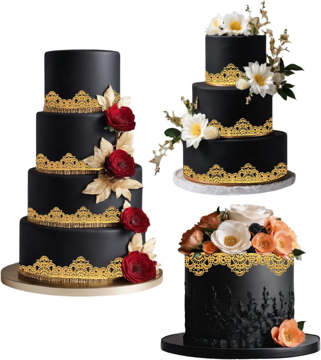 3 Pieces Shiny Gold Honeycomb Edible Sugar Cake Lace Strips - Ready to Use Handcrafted Decoration with 3D Effect