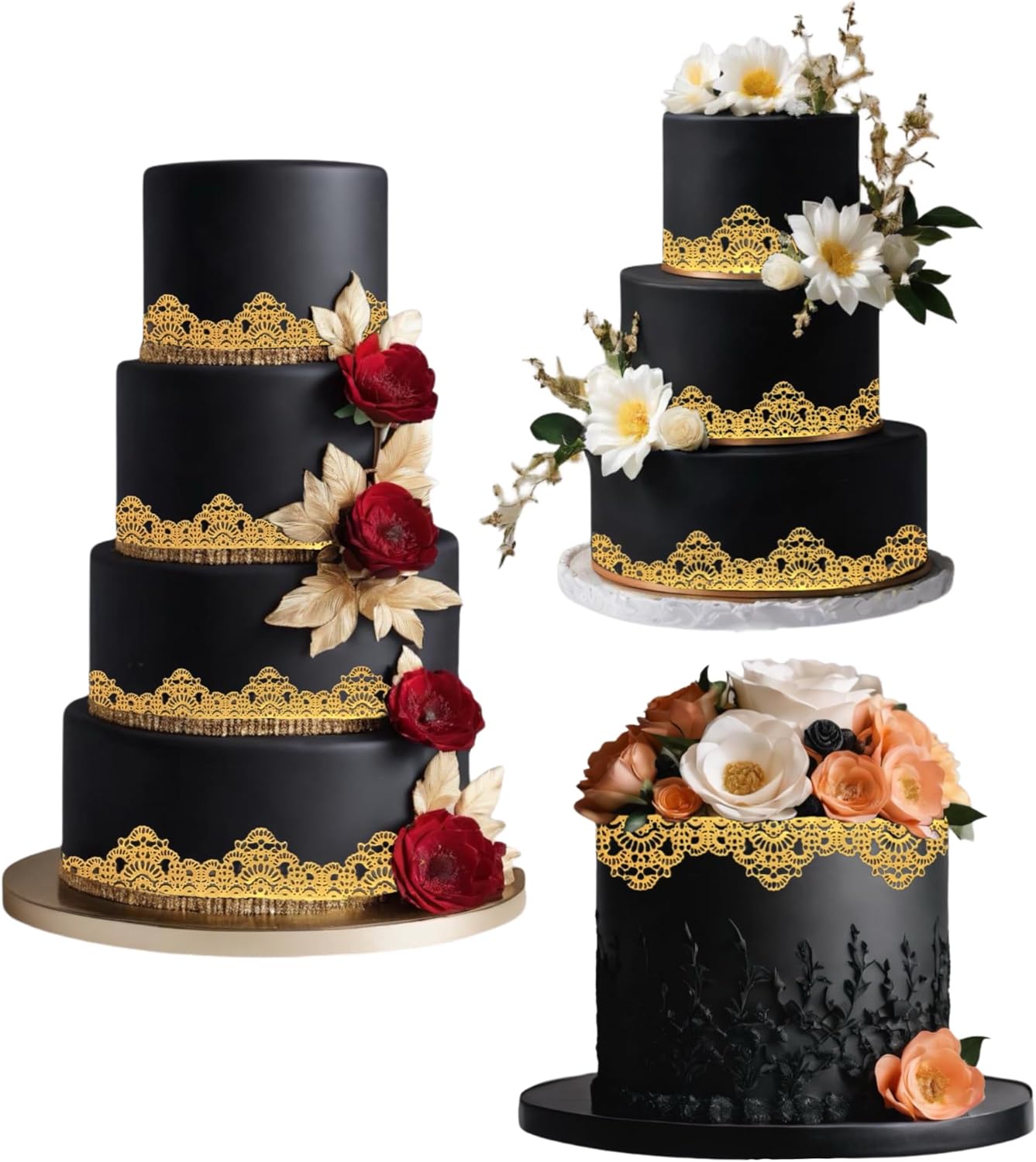3 Pieces Shiny Gold Honeycomb Edible Sugar Cake Lace Strips - Ready to Use Handcrafted Decoration with 3D Effect