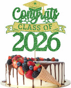 Glitter Class of 2026 Cake Topper，Congrats Grad Decorations， 2026 Happy Graduation High School/College/University Graduation Party Supplies Green and Gold
