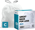 Plasticplace Trash Bags | Compatible with Simplehuman (x) Code C | (100 Count)│White Drawstring Garbage Liners 2.6-3.2 Gallon / 10-12 Liter │ 14.75" x 20"