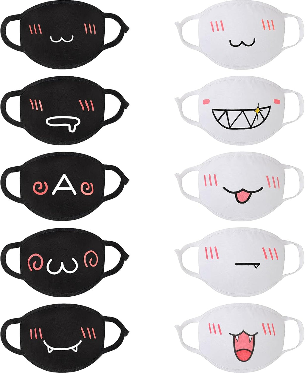 Zhanmai 10 Pieces Kawaii Mask Anime Face Mouth Mask Cute Mouth Covering Reusable Washable Mouth Mask, Black and White