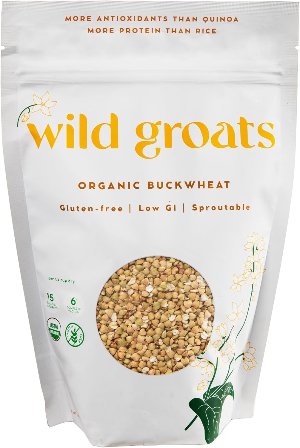 WILD GROATS Organic Raw Buckwheat - Grown in USA, Sproutable Seeds, 16 Oz. Gluten Free, Hulled, Vegan Complete Protein, Whole Grain, Non-GMO | For Sprouting, Flour, Cereal, Porridge, Cooking