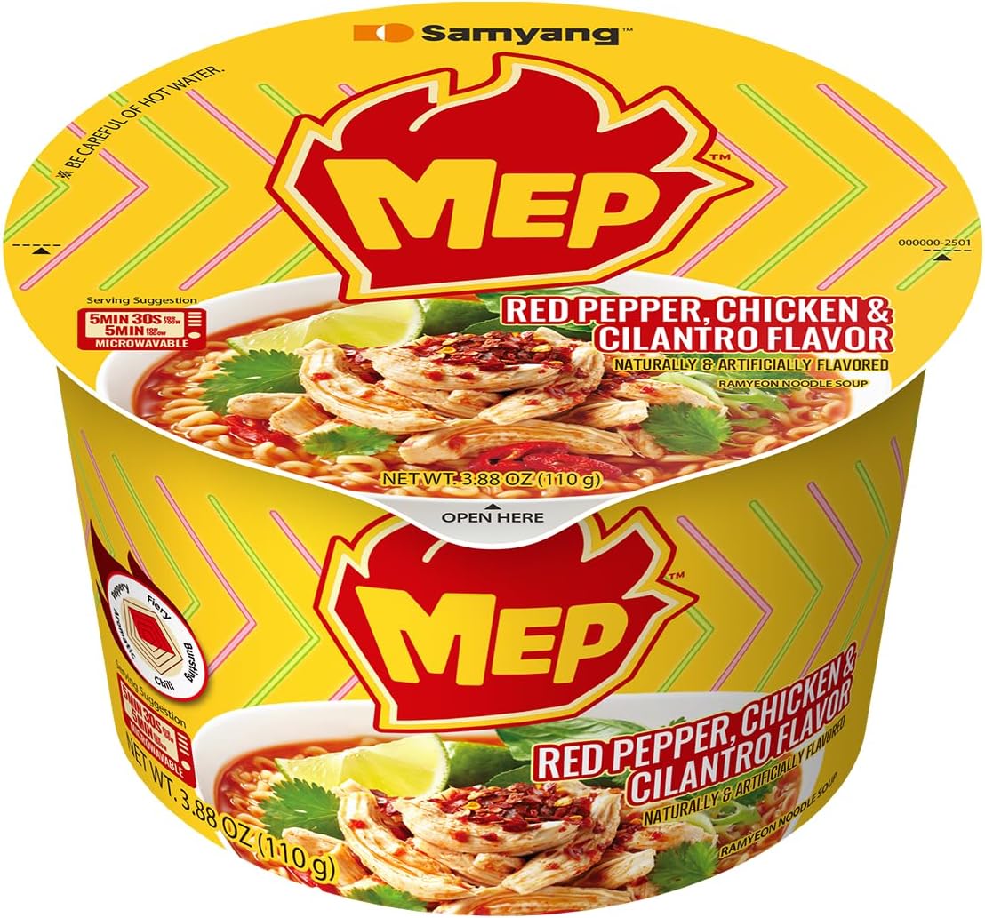 Samyang MEP Chicken Cilantro Ramen, Spicy Korean Instant Bowl Noodle Soup, Savory Bone Broth Ramyeon, Lime Freshness, 3.88 oz (Pack of 6 Bowls)