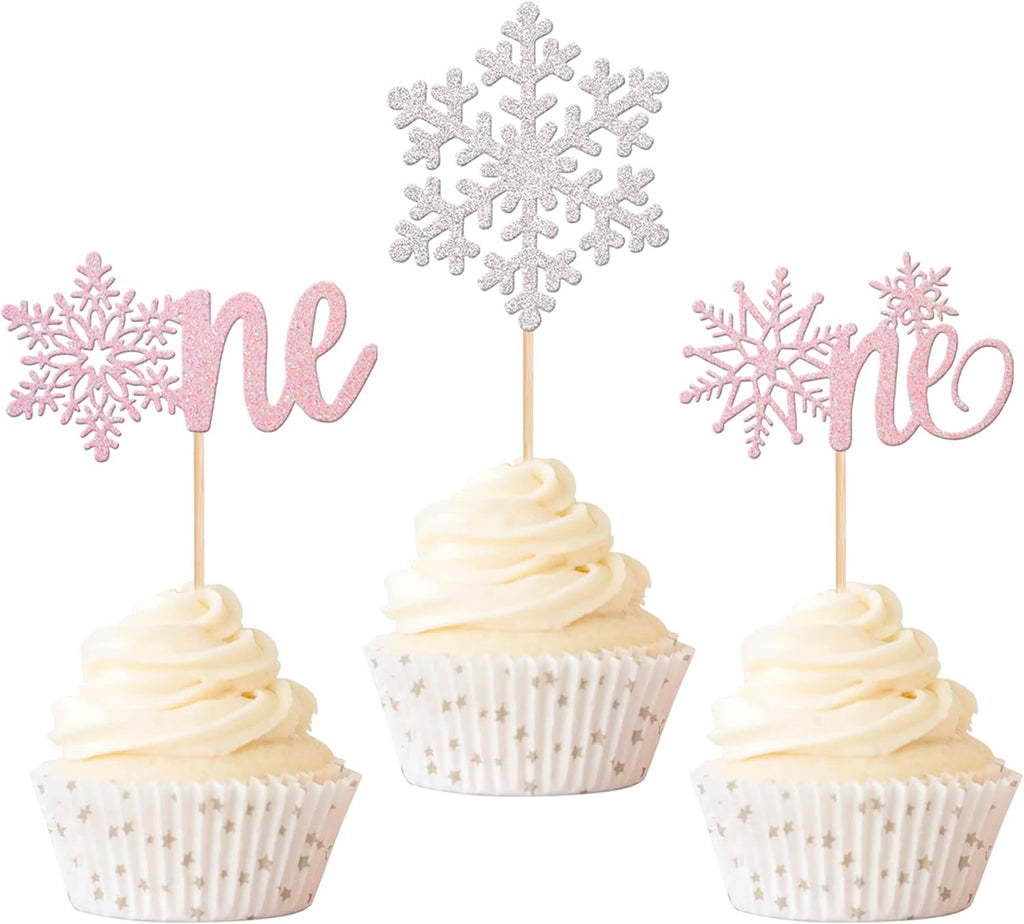 Rsstarxi 36 Pack One Snowflake Cupcake Toppers 1st Birthday Snowflake One Cupcake Picks for Winter Onederland Snowflake Theme Baby Shower First Birthday Chistmas Party Cake Decorations Silver Pink
