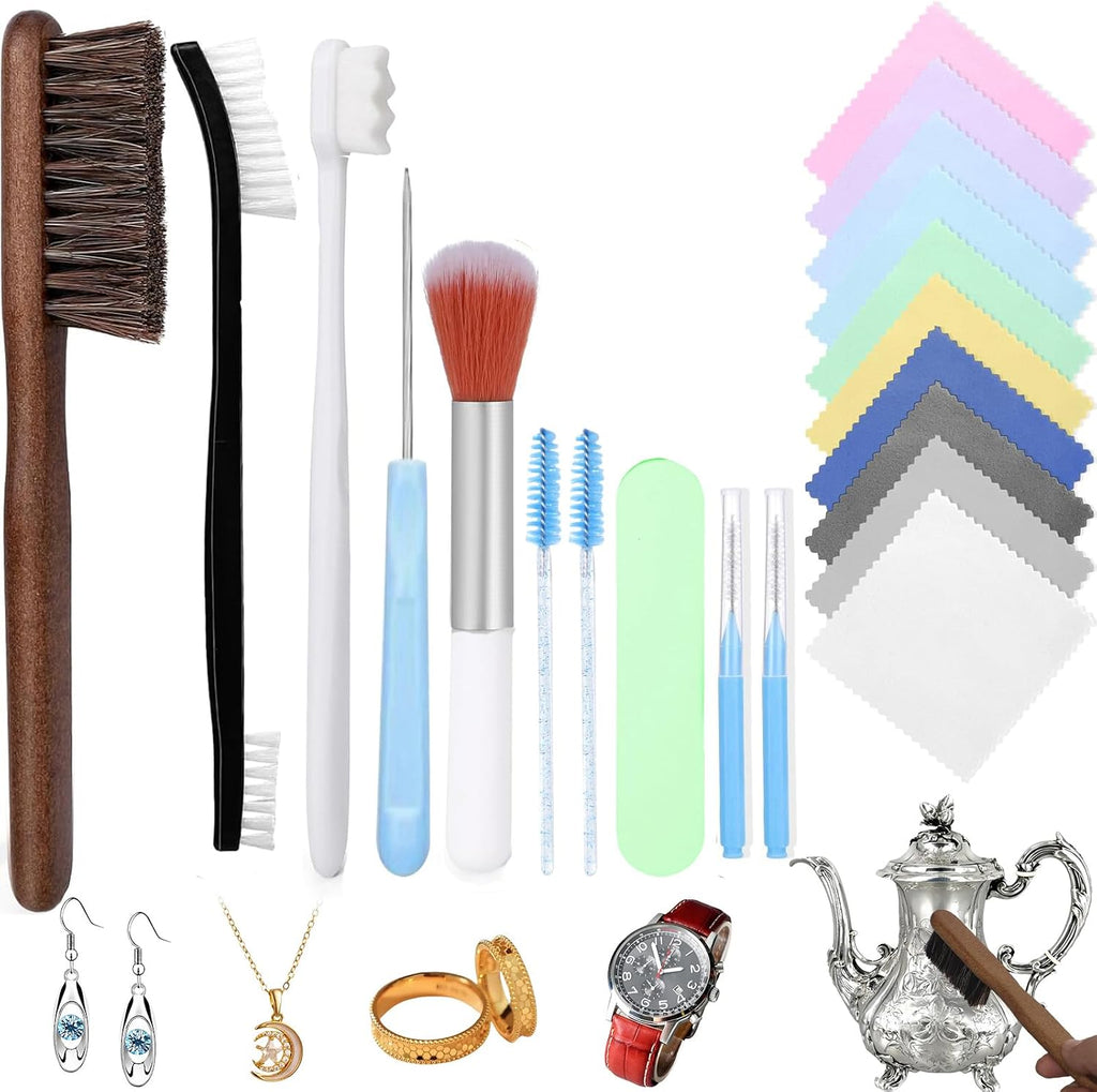 Jewelry Cleaning Kit,20 Pcs Professional Silver Cleaning Kit with Polishing Cloth Needles Brush for All Jewelry Diamond Ring Earring