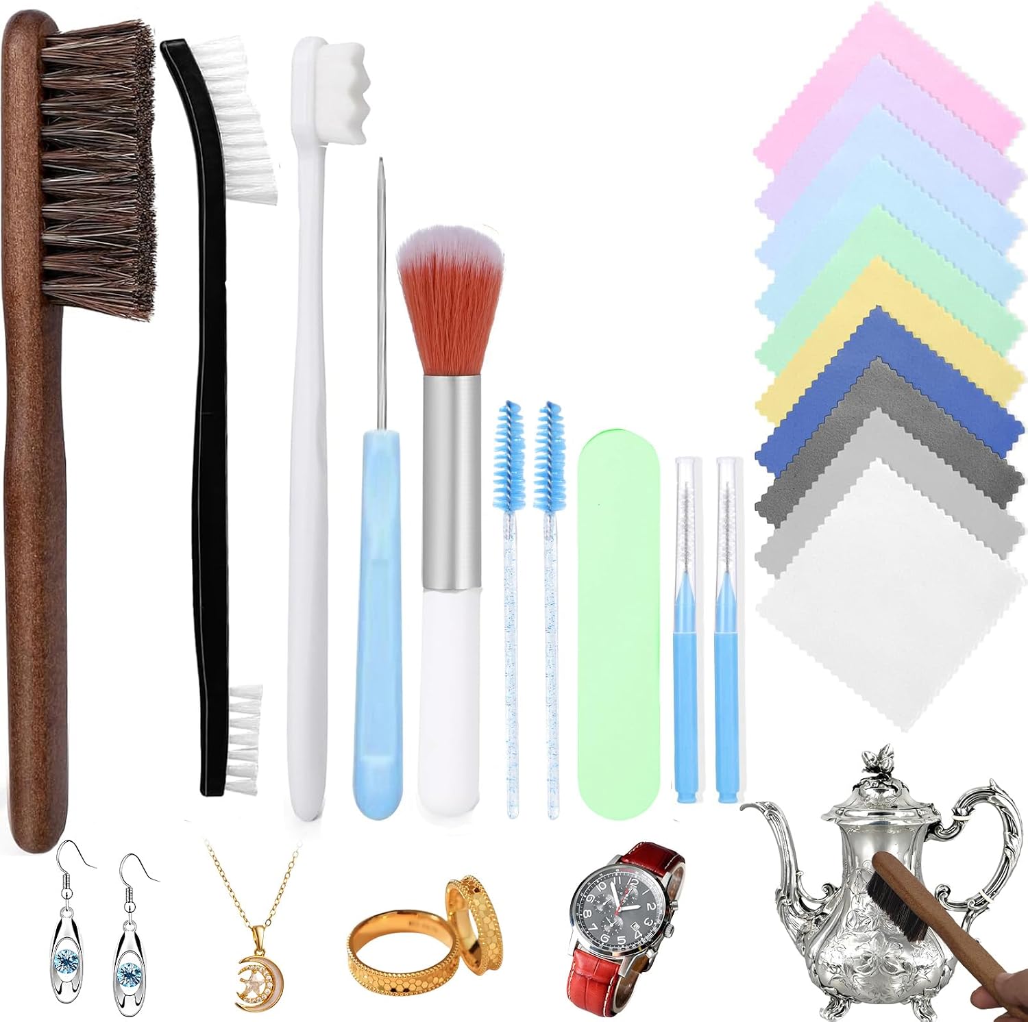 Jewelry Cleaning Kit,20 Pcs Professional Silver Cleaning Kit with Polishing Cloth Needles Brush for All Jewelry Diamond Ring Earring
