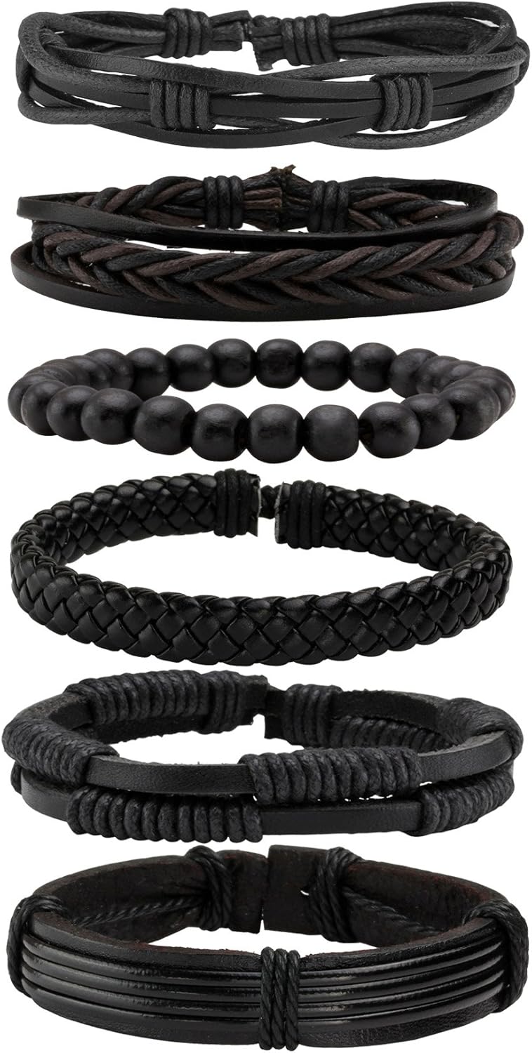 MILAKOO 6 Pcs Punk Braided Leather Bracelets for Men Women Cuff Wrap Wristbands Adjustable