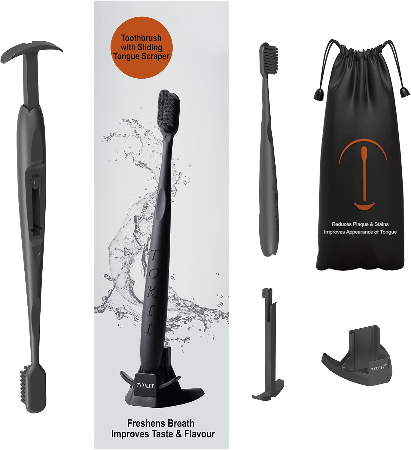TOKII Tongue Scraper Toothbrush for Adults – Charcoal Soft Bristle Toothbrush with Built-in Tongue Cleaner, Bad Breath Control, Travel Size Toothbrush with Waterproof Pouch (Black, Pack of 1)