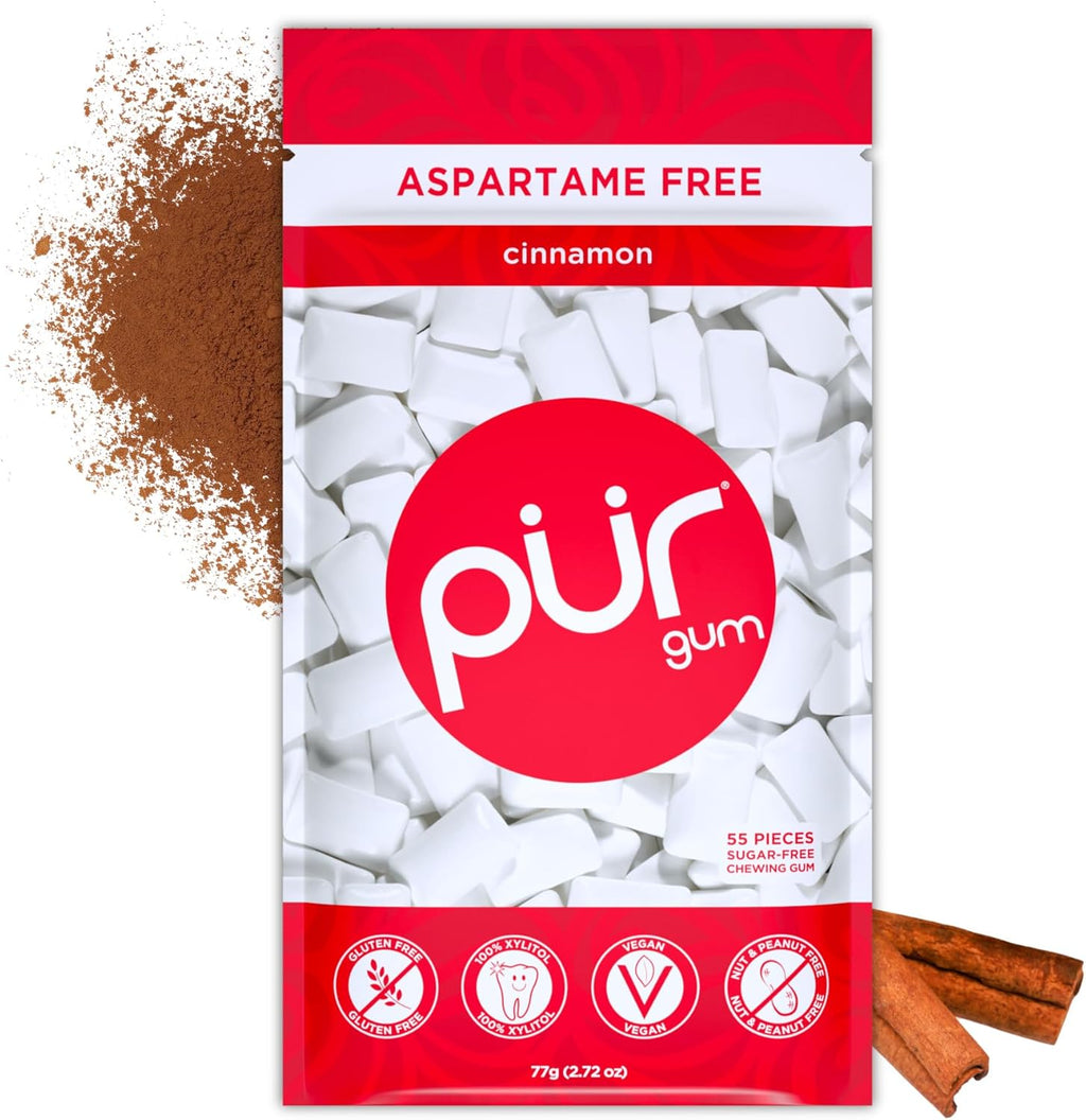 PUR Gum | Aspartame Free Chewing Gum | 100% Xylitol | Natural Cinnamon Flavored Gum, 55 Pieces (Pack of 1)