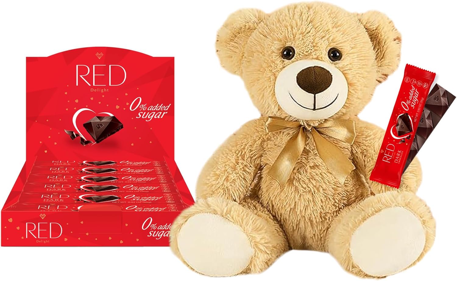 RED Delight®™ Dark Chocolate 12 Count Box of Grab N Go Travel Size Bars (0.92 Ounces Each) with 14" Plush Teddy Bear (1 Box - Total of 12 Bars + 14" Plush Teddy Bear)
