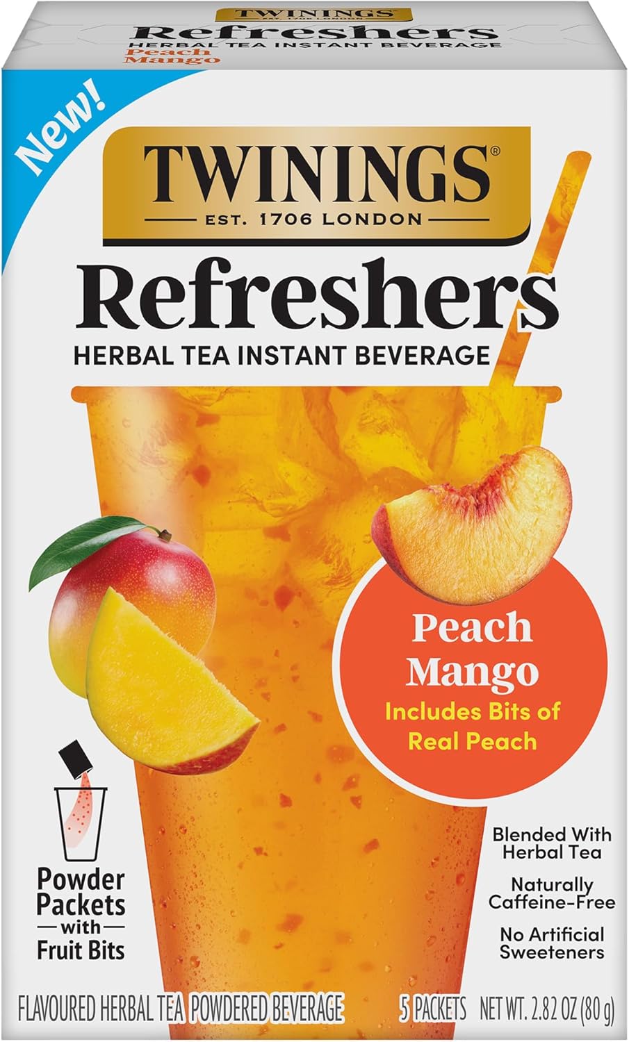 NEW Twinings Peach Mango Refreshers, Herbal Tea Instant Beverage with Real Peach Fruit Bits, 5 Count (Pack of 1), Café Style, No Artificial Sweeteners, Naturally Caffeine-Free Refreshment, 5 Packets