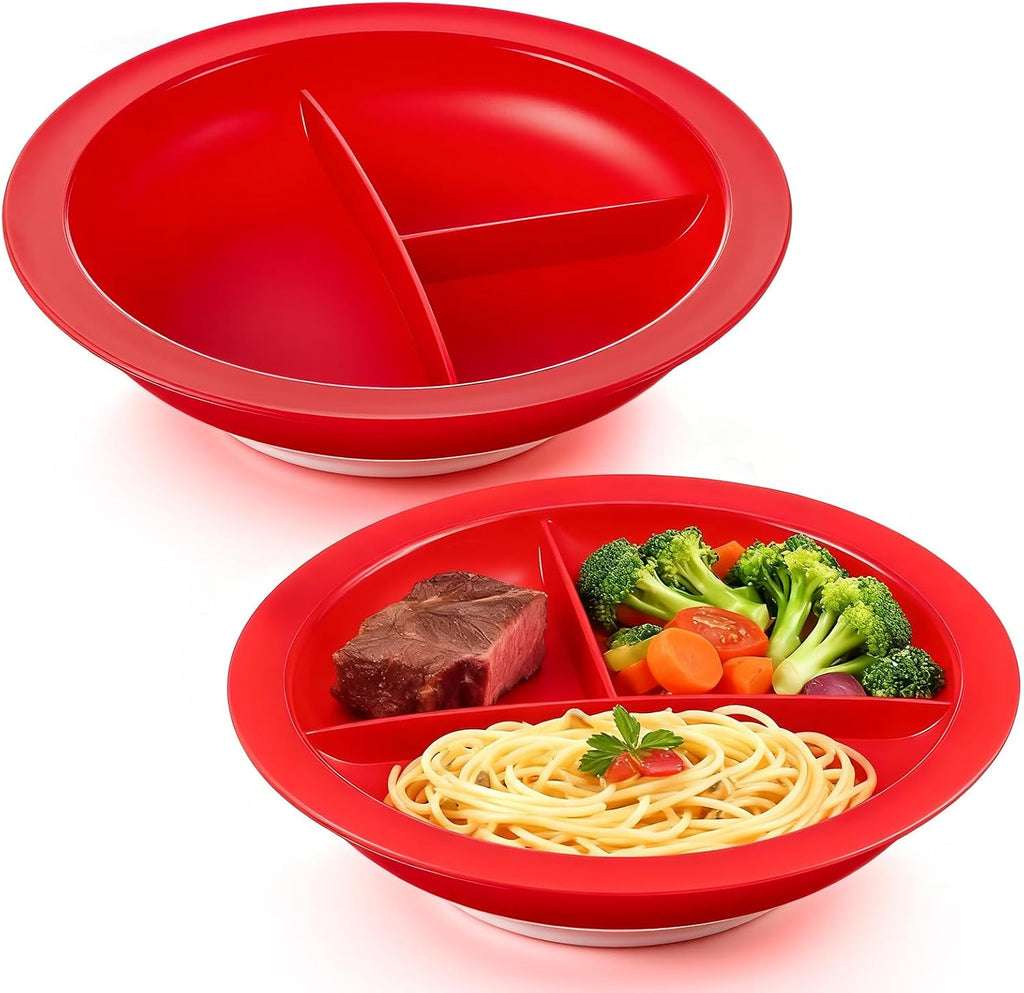 Hushee 2 Pcs Adaptive Spill Proof Scoop Plates with Suction Base, 9.2'' Dish with Walls, Non Skid Self Feed Dinnerware for Elderly Disabled Handicapped from Parkinsons, Dementia, Stroke, Tremor (Red)