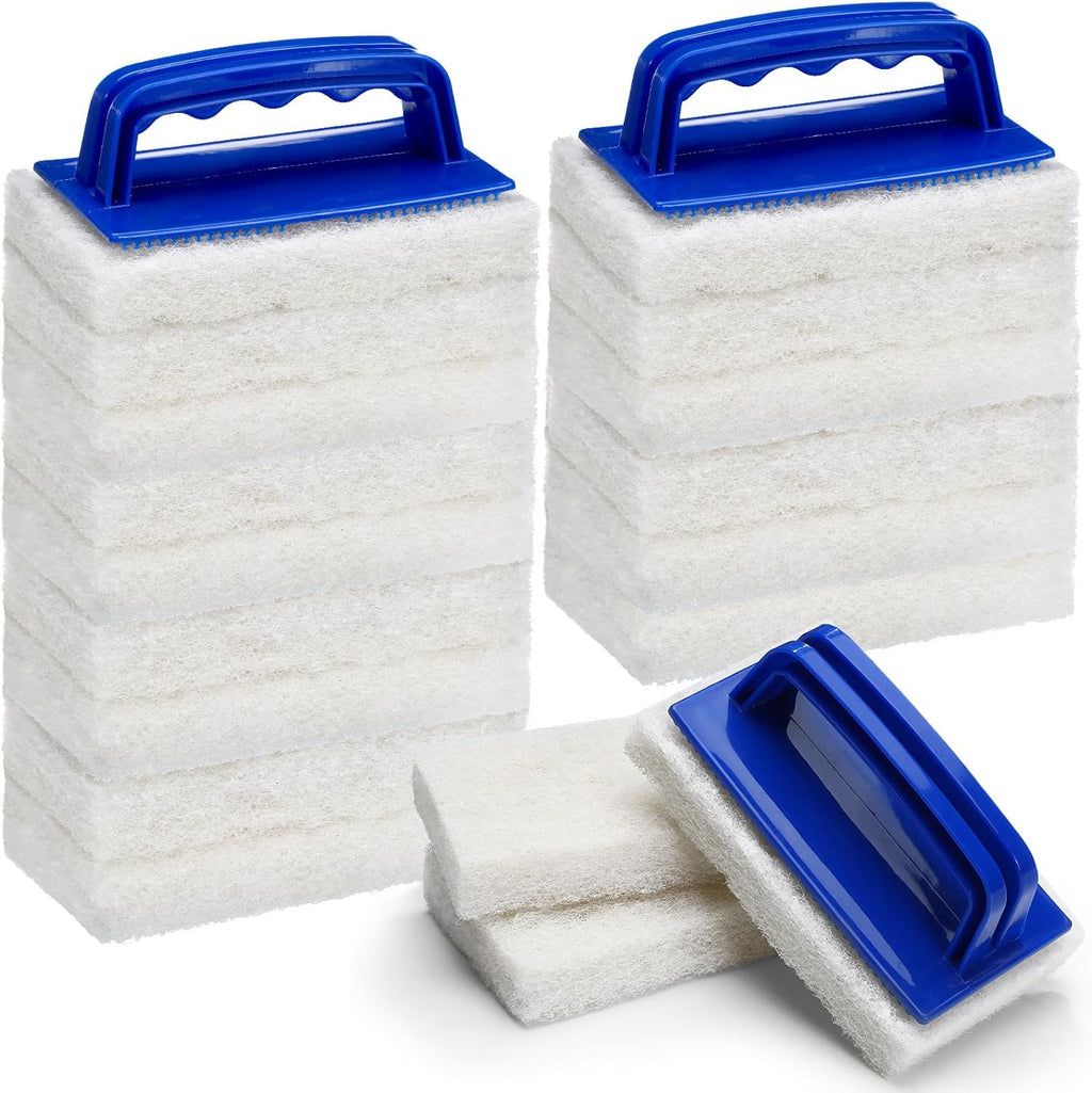 Maxdot 18 Pcs Handled Bath Scrubber Set, 15 Bathroom Scouring Pad 3 Bathtub Scrubber with Handle Non Scratch Soap Scum Remover for Cleaning Sink Shower Tile Swimming Pool Step Corner(Blue and White)