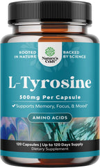 Free Form L Tyrosine 500mg Capsules - High Strength L-Tyrosine Supplement for Mental Energy and Focus Support - Amino Acid Nootropic Supplement for Mood Focus Attention and Cognitive Performance