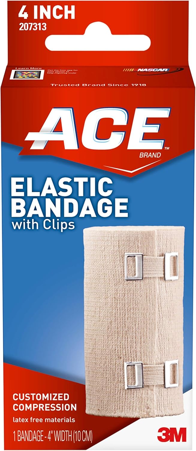 ACE 4 Inch Elastic Bandage with with Clips, Beige, Great for Leg, Shoulder and More, 1 Count