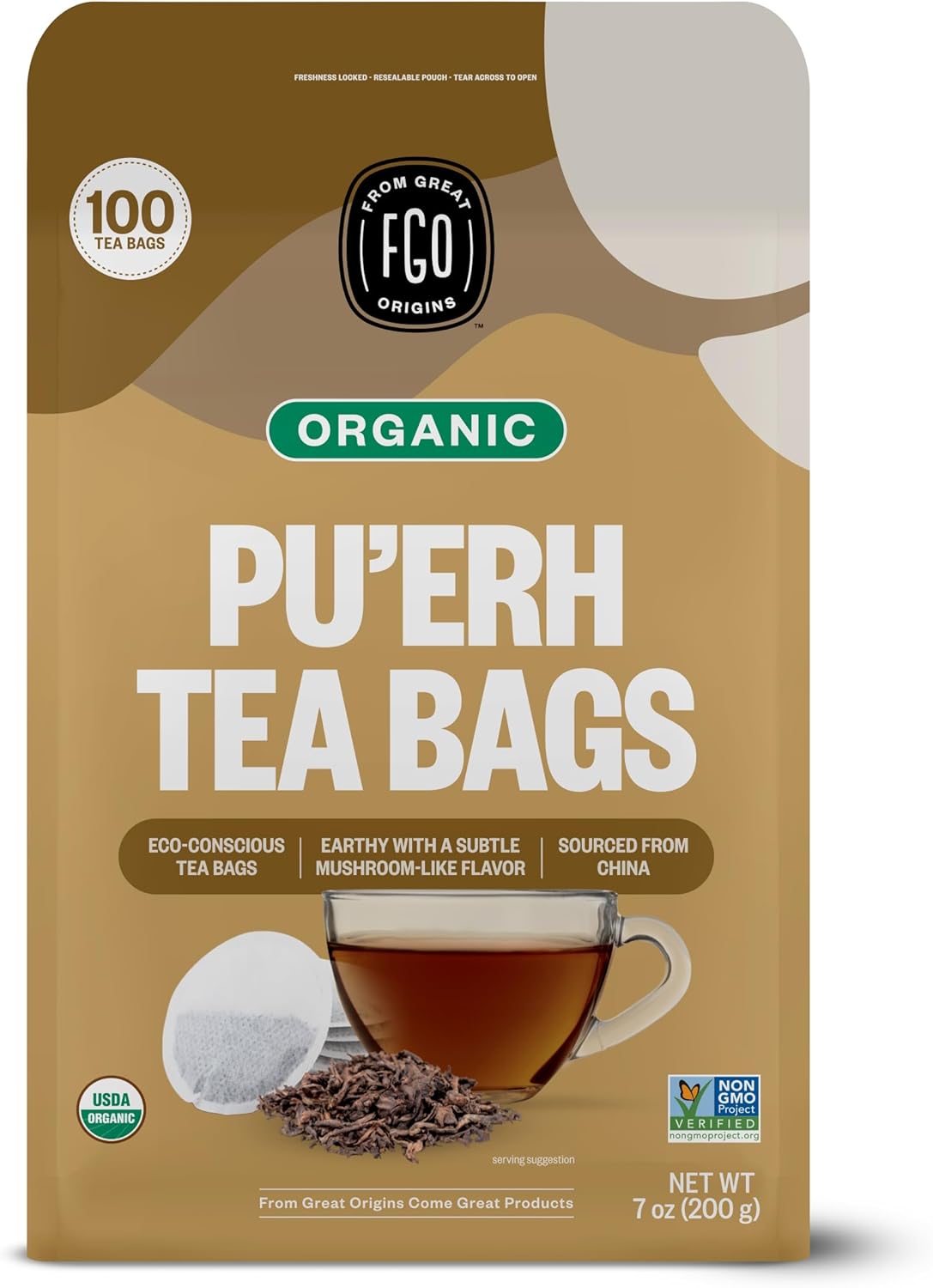 FGO Organic Pu'erh Tea, 100 Count, Eco-Conscious Black Tea Bags, Resealable Bag, Packaging May Vary (Pack of 1)