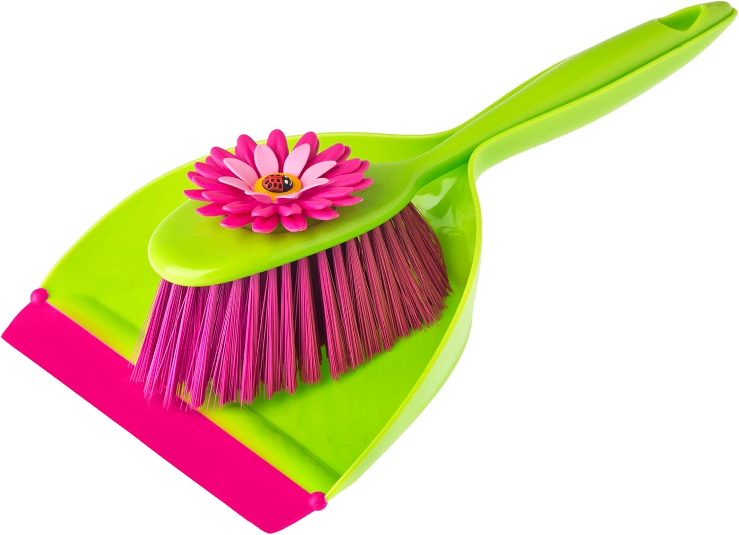 Vigar Flower Power Dust Pan and Brush Handy Set, 12-3/4-Inches, Green, Pink