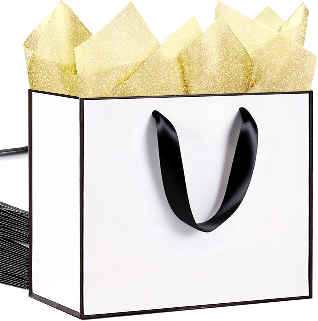 SHIPKEY 12 Pack Extra Large Gift Bags with Tissue Paper, 16x6x12 Inches White Paper Bags with Ribbon Handles, X-Large Gift Bags for Wedding, Christmas and Holidays
